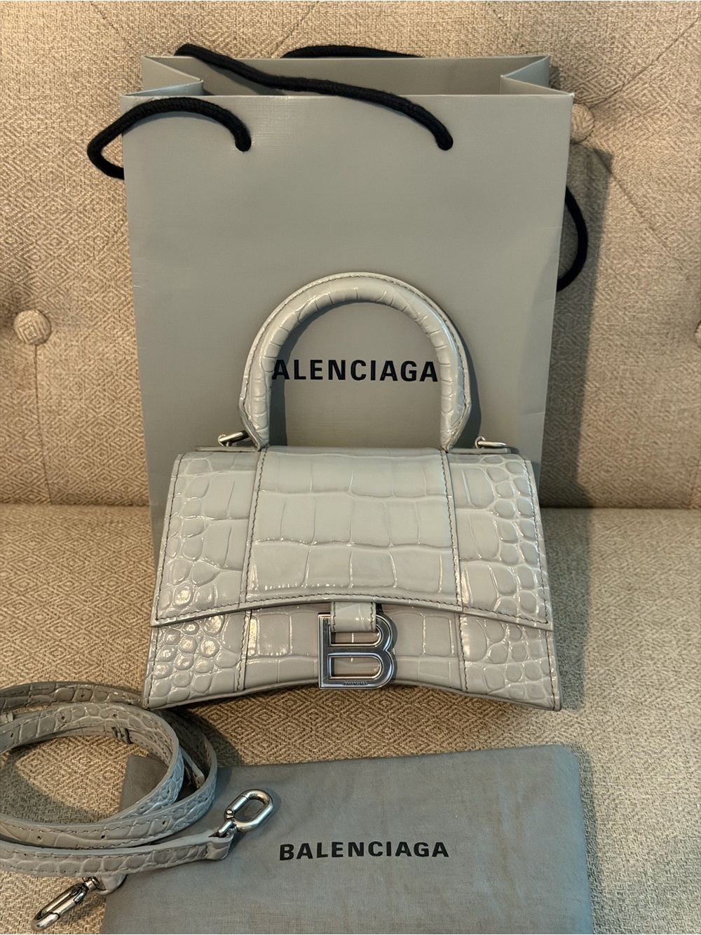 Balenziaga Croc-Embossed Hourglass Top Handle Bag in Light Gray